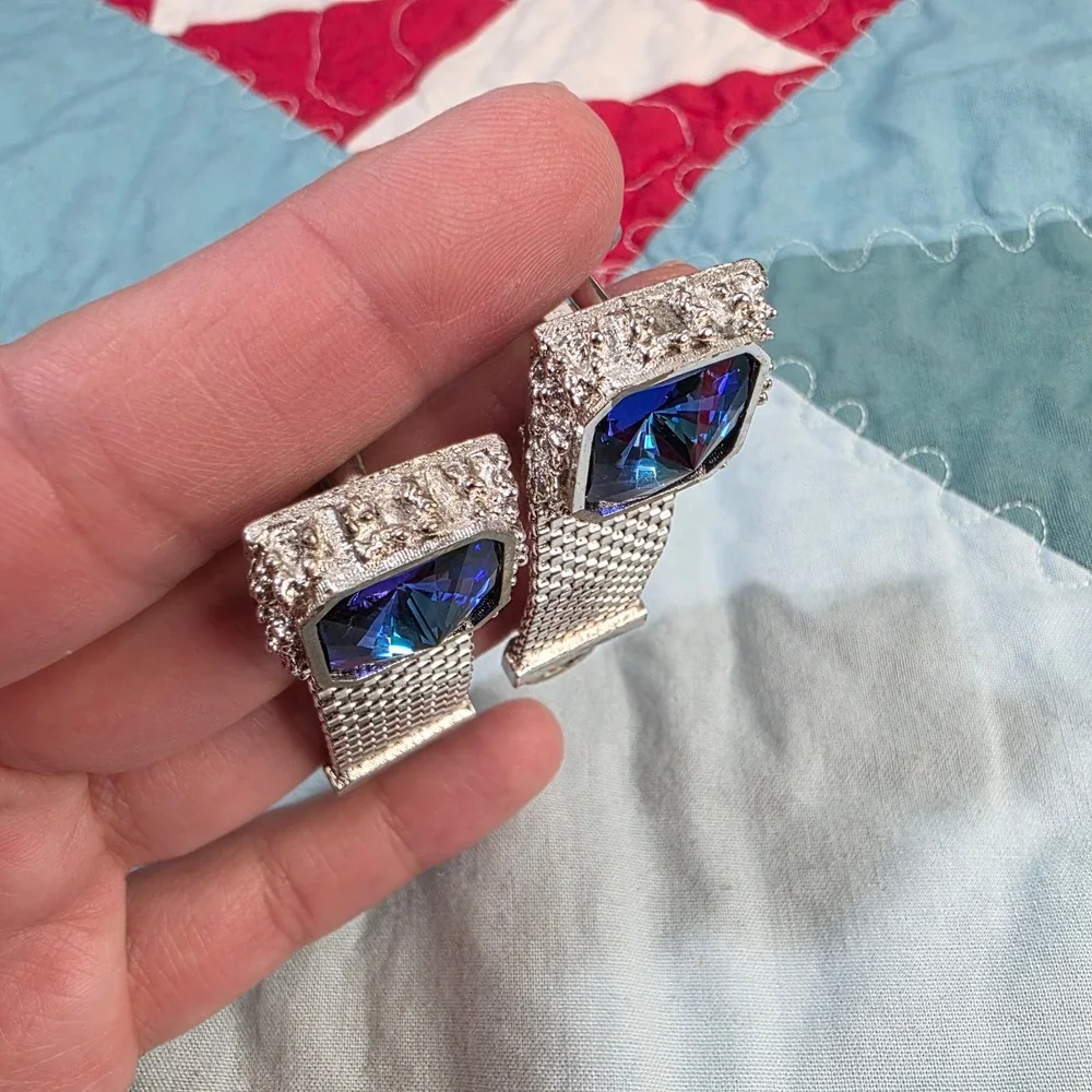 Vintage Mesh Wrap Cufflinks Mens Blue Crystal‎ Silver Tone Square Toggle Back